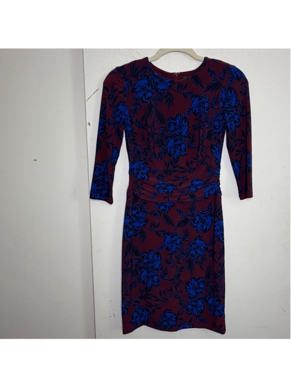 Lauren Ralph Lauren Madalia Floral Ruched Jersey Dress Blue Burgundy 0P NWT
